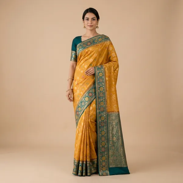 Mustard_Cotton_Woven_Floral_Motif_Saree_For_Women