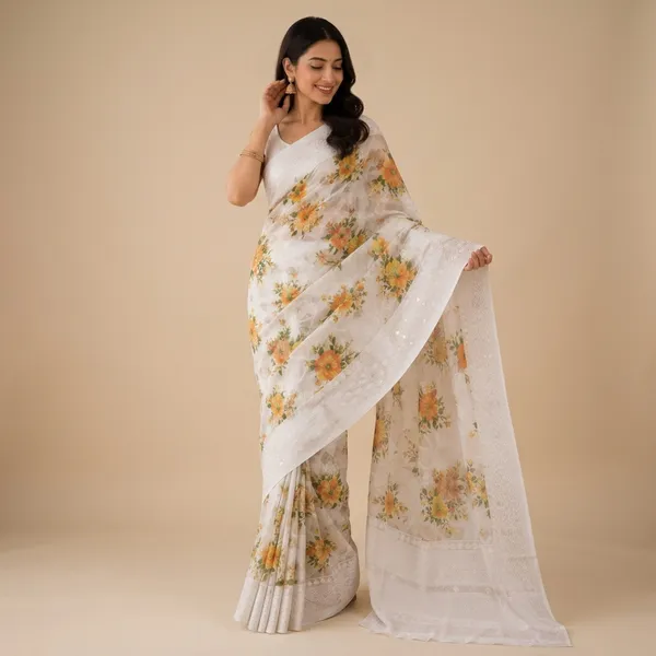 White_Cotton_Floral_Print_Saree_For_Women