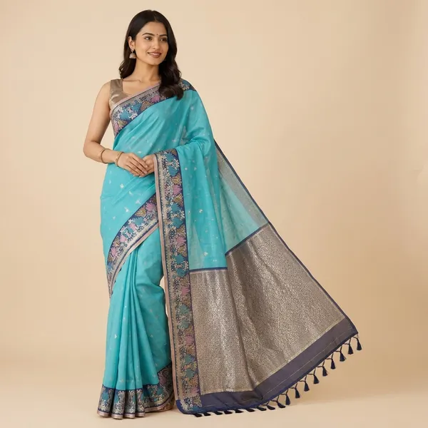 Turquoise_Cotton_Woven_Floral_Border_Saree_For_Women
