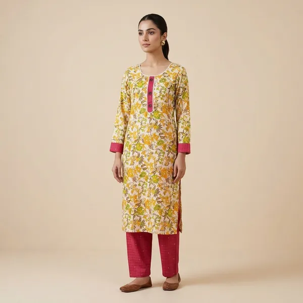White_Cotton_Floral_Print_Kurta_Set_For_Girls