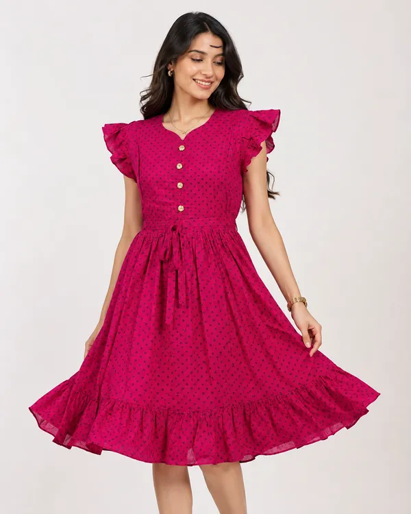 Pink_Cotton_Ruffle_Sleeve_Printed_Dress_For_Women