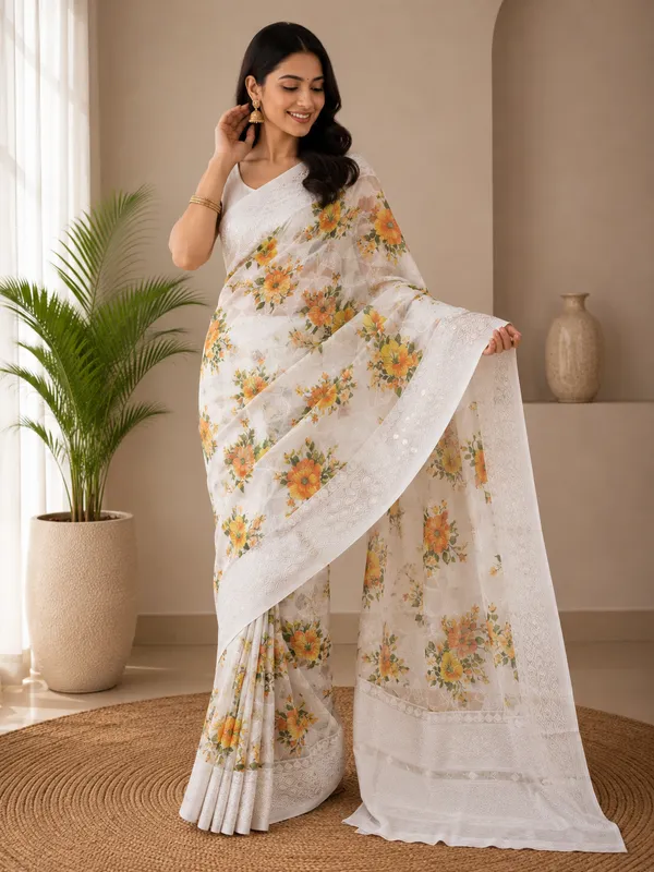 White_Cotton_Floral_Print_Saree_For_Women