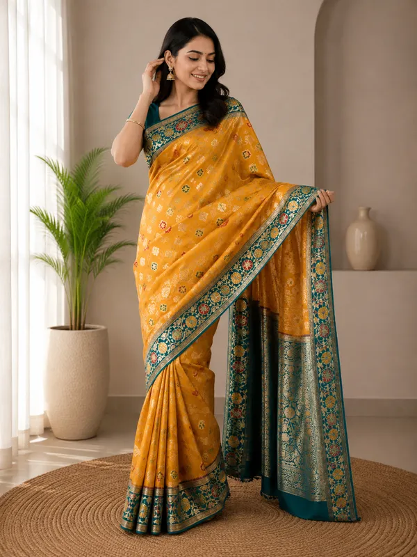 Mustard_Cotton_Woven_Floral_Motif_Saree_For_Women