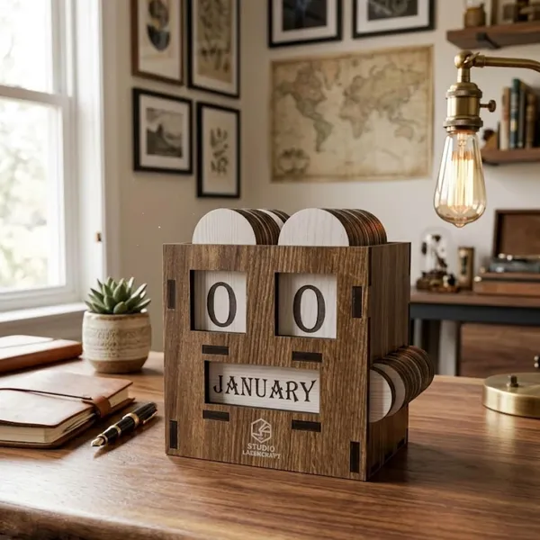 Mdf_Perpetual_Rotating_Flip_Block_Desk_Calendar_Honey_Wood_Finish