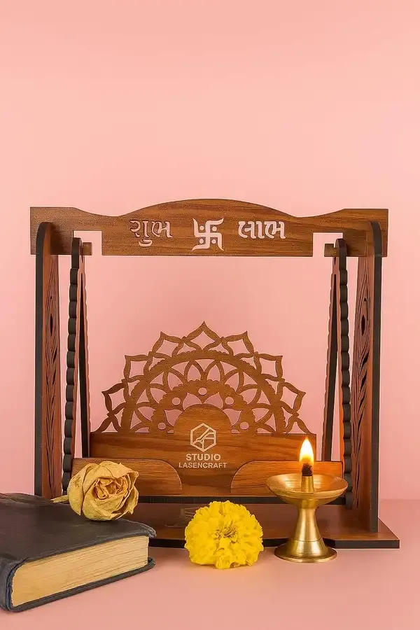 Wooden_Radhe_Radhe_Laddu_Gopal_Jhula_For_Krishna_Janmashtami_Prelam_Mdf_Pooja_Swing_For_Home_Temple_Nataral_Teak_Finish_Handcrafted_Palna_For_Bal_Gopal_Idol_200X100X180_Mm