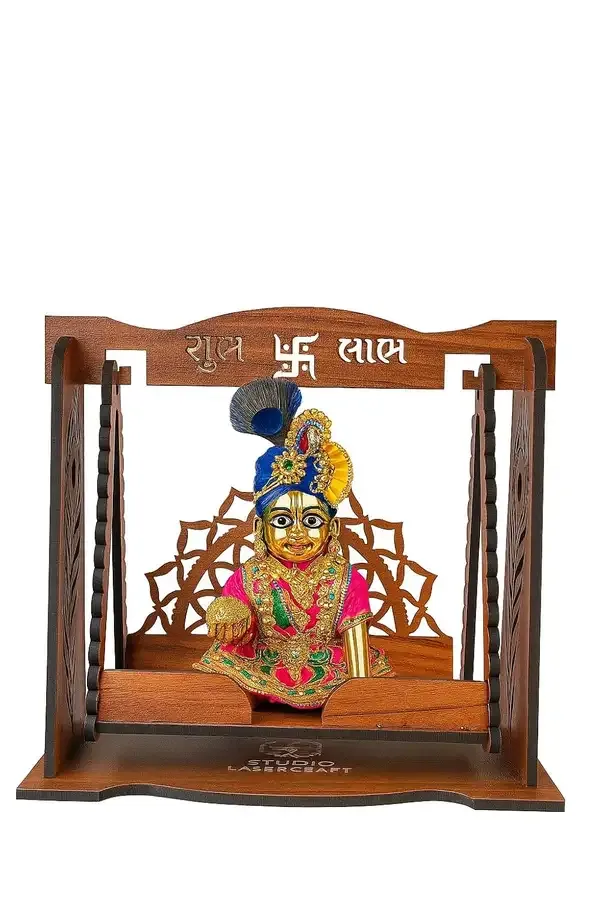 Wooden_Radhe_Radhe_Laddu_Gopal_Jhula_For_Krishna_Janmashtami_Prelam_Mdf_Pooja_Swing_For_Home_Temple_Nataral_Teak_Finish_Handcrafted_Palna_For_Bal_Gopal_Idol_200X100X180_Mm