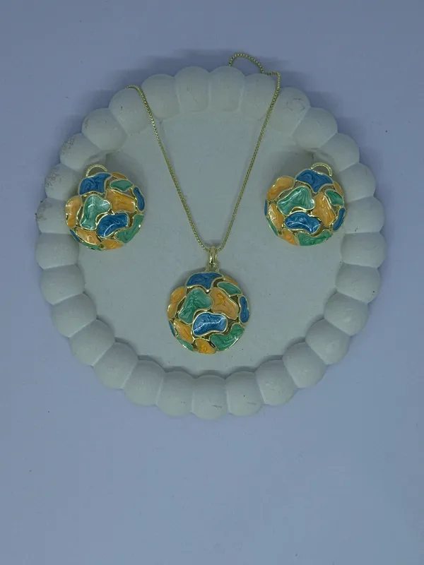 Multicolour_Enamel_Pendant_Necklace_And_Earrings_Set_For_Women