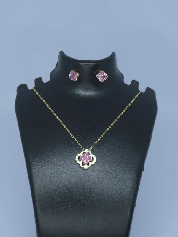 Gold_Tone_Pink_Floral_Pendant_Necklace_And_Earrings_Set_For_Women