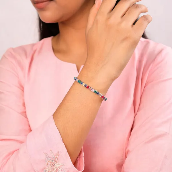 Multicolour_Stone_Gold_Tone_Steel_Link_Bracelet_For_Women