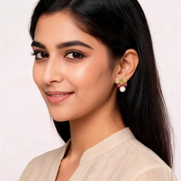 Gold_Tone_Multicolour_Floral_Pearl_Stud_Earrings_For_Women