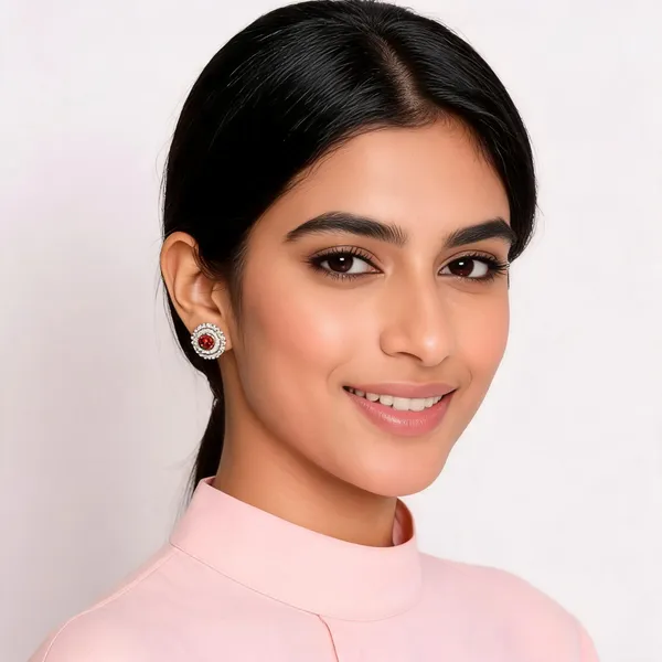 Silver_Tone_Red_Stone_Floral_Stud_Earrings_For_Women