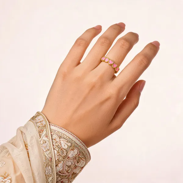 Gold_Tone_Pink_Heart_Accent_Linked_Band_Ring_For_Women
