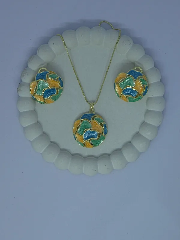 Multicolour_Enamel_Pendant_Necklace_And_Earrings_Set_For_Women