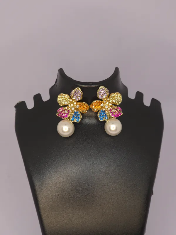 Gold_Tone_Multicolour_Floral_Pearl_Stud_Earrings_For_Women