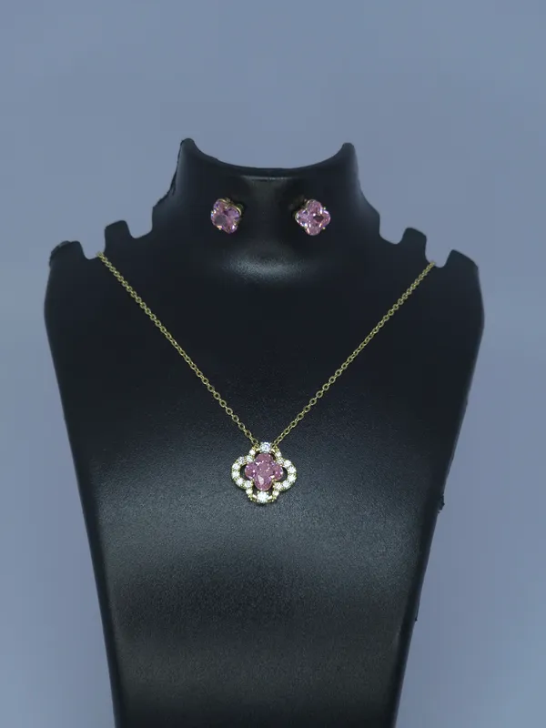 Gold_Tone_Pink_Floral_Pendant_Necklace_And_Earrings_Set_For_Women