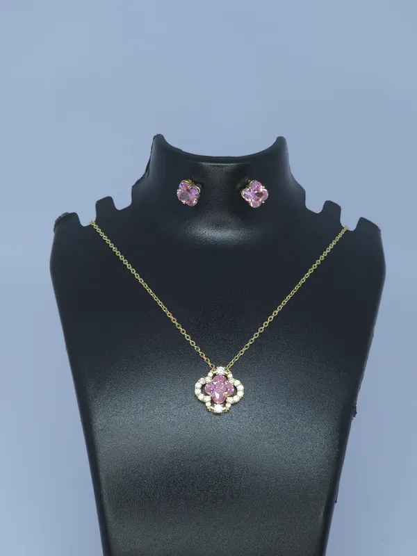 Gold_Tone_Pink_Floral_Pendant_Necklace_And_Earrings_Set_For_Women
