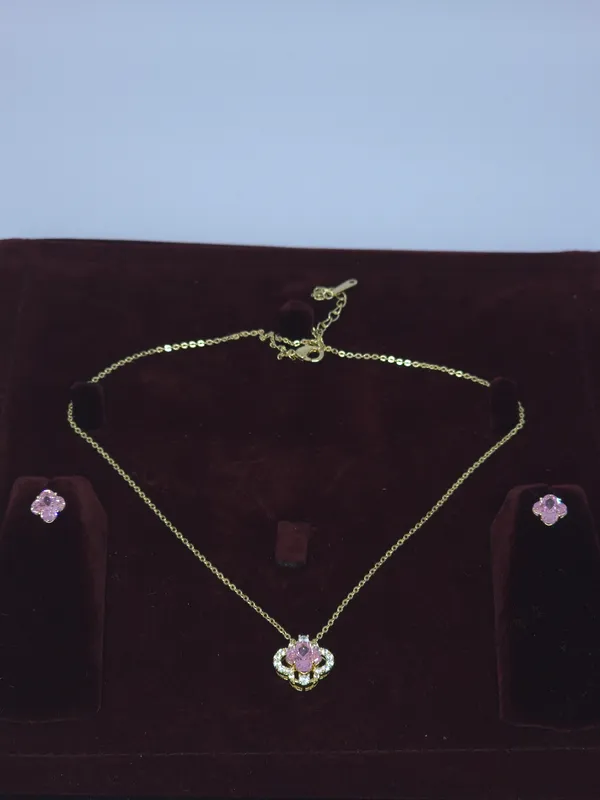 Gold_Tone_Pink_Floral_Pendant_Necklace_And_Earrings_Set_For_Women