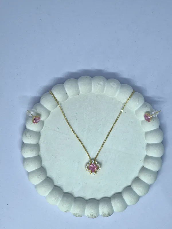 Gold_Tone_Pink_Floral_Pendant_Necklace_And_Earrings_Set_For_Women