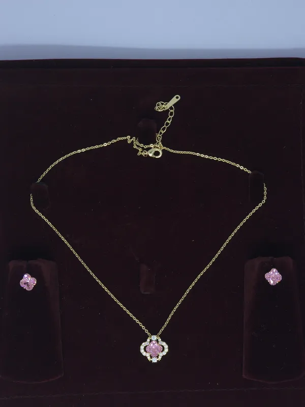 Gold_Tone_Pink_Floral_Pendant_Necklace_And_Earrings_Set_For_Women