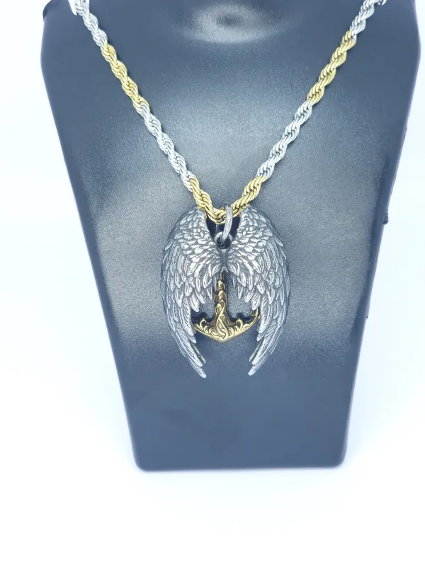 Two_Tone_Steel_Angel_Wing_Pendant_Necklace_For_Men