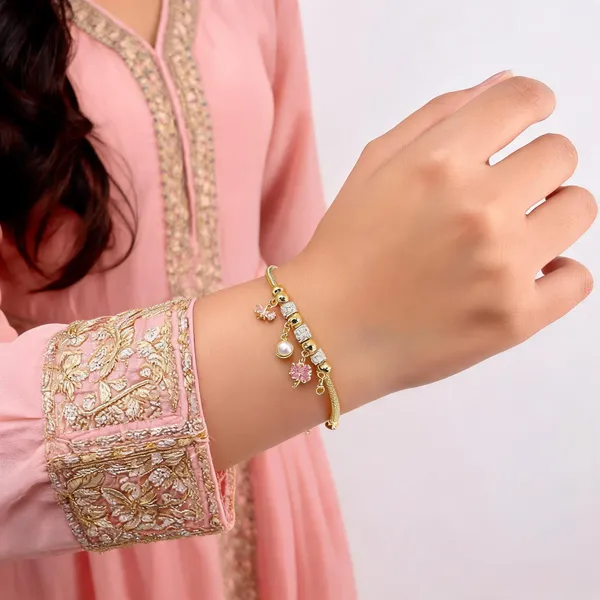 Gold_Tone_Steel_Floral_Charm_Pandora_Bracelet_For_Women