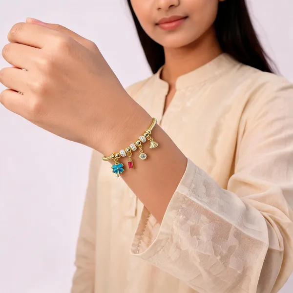 Gold_Blue_Tone_Steel_Multicharm_Pandora_Bracelet_For_Women