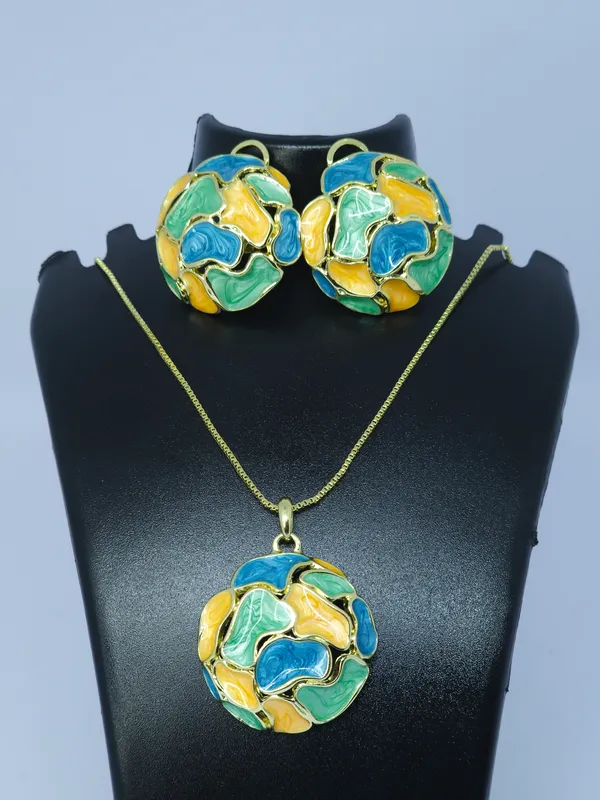 Multicolour_Enamel_Pendant_Necklace_And_Earrings_Set_For_Women