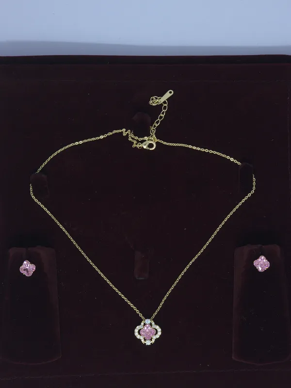 Gold_Tone_Pink_Floral_Pendant_Necklace_And_Earrings_Set_For_Women