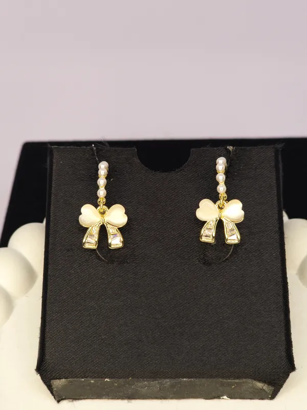 Gold_Tone_Pearl_Steel_Bow_Drop_Earrings_For_Women