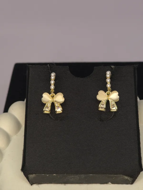 Gold_Tone_Pearl_Steel_Bow_Drop_Earrings_For_Women