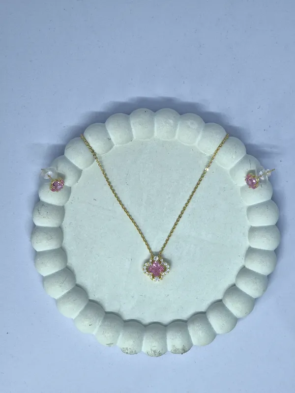 Gold_Tone_Pink_Floral_Pendant_Necklace_And_Earrings_Set_For_Women