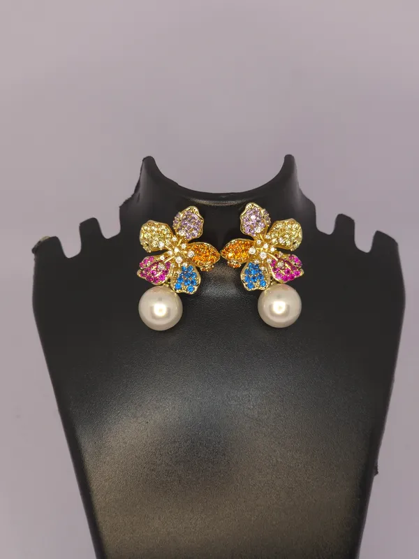 Gold_Tone_Multicolour_Floral_Pearl_Stud_Earrings_For_Women