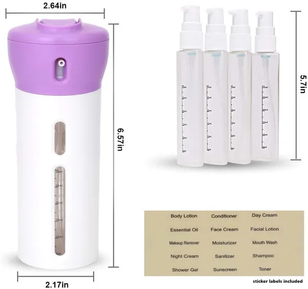 Travigo_4_In_1_Travel_Bottle_Dispenser_Includes_Four_Empty_Reusable_1_4_Oz_40_Ml_Cosmetic_Toiletry_Containers_For_Sanitizer_Soap_Lotions_Skincare_Makeup_Products_Black_Purple