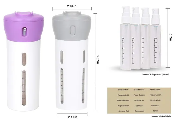 Travigo_2_Pieces_4_In_1_Travel_Bottle_Set_Dispenser_Includes_Four_40_Ml_Cosmetic_Toiletry_Containers_For_Shampoo_Lotions_Skincare_Makeup_Products_Gray_Purple_2_Pc_Set