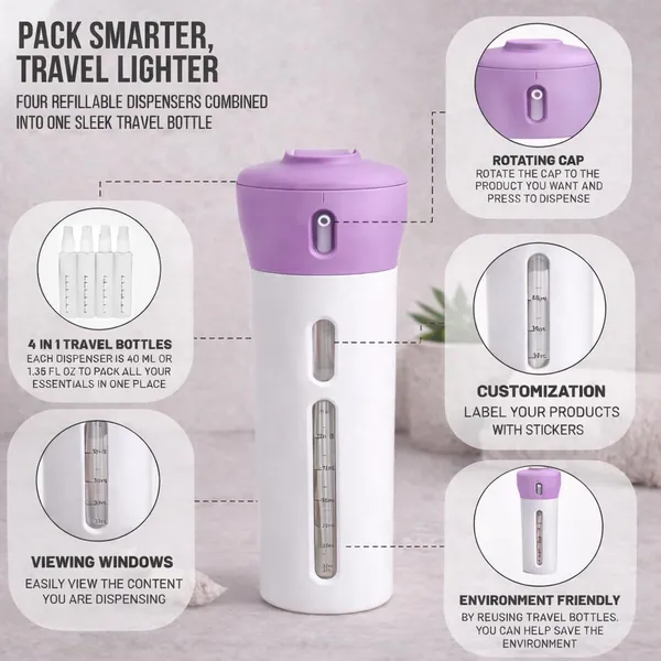 Travigo_2_Pieces_4_In_1_Travel_Bottle_Set_Dispenser_Includes_Four_40_Ml_Cosmetic_Toiletry_Containers_For_Shampoo_Lotions_Skincare_Makeup_Products_Gray_Purple_2_Pc_Set