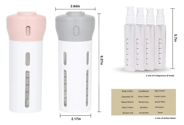 Travigo_2_Pieces_4_In_1_Travel_Bottle_Set_Dispenser_Includes_Four_40_Ml_Cosmetic_Toiletry_Containers_For_Shampoo_Lotions_Skincare_Makeup_Products_Gray_Pink_2_Pc_Set