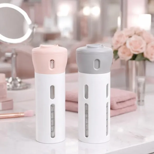 Travigo_2_Pieces_4_In_1_Travel_Bottle_Set_Dispenser_Includes_Four_40_Ml_Cosmetic_Toiletry_Containers_For_Shampoo_Lotions_Skincare_Makeup_Products_Gray_Pink_2_Pc_Set