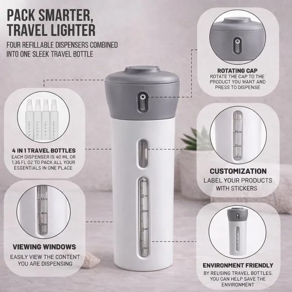 Travigo_2_Pieces_4_In_1_Travel_Bottle_Set_Dispenser_Includes_Four_40_Ml_Cosmetic_Toiletry_Containers_For_Shampoo_Lotions_Skincare_Makeup_Products_Gray_Pink_2_Pc_Set