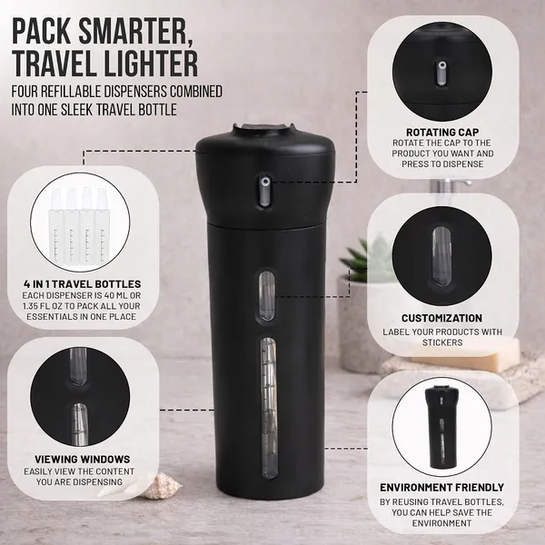Travigo_4_In_1_Travel_Bottle_Dispenser_Includes_Four_Empty_Reusable_1_4_Oz_40_Ml_Cosmetic_Toiletry_Containers_For_Sanitizer_Soap_Lotions_Skincare_Makeup_Products_Black_Black_Plastic