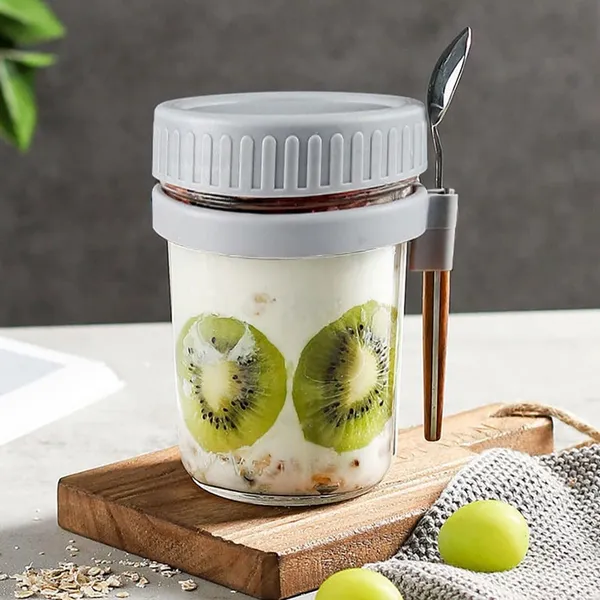 Overnight_Oats_Container_Yogurt_Oatmeal_Glass_Canning_With_Lids_And_Spoon_10_Oz_Cereals_Milk_Fruit_Salad_With_Measurement_Marks_Grey