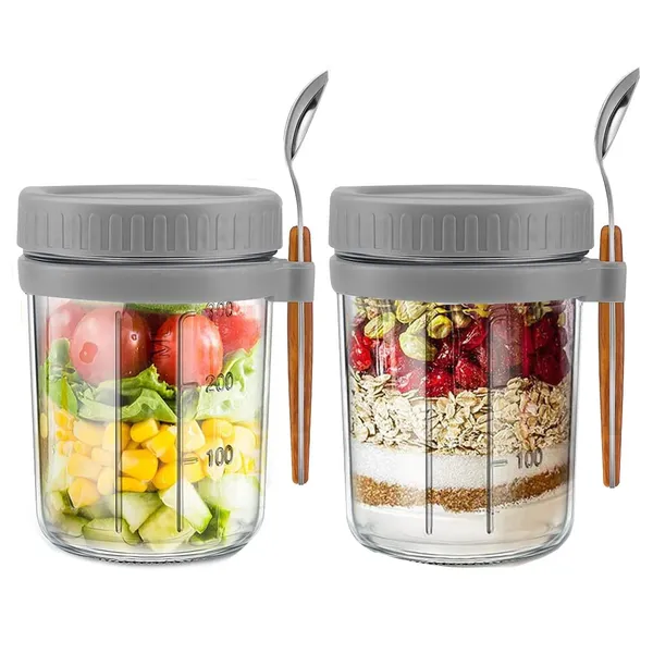 Overnight_Oats_Container_Yogurt_Oatmeal_Glass_Canning_With_Lids_And_Spoon_10_Oz_Cereals_Milk_Fruit_Salad_With_Measurement_Marks_Grey