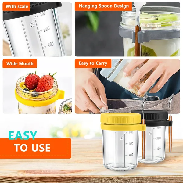 Overnight_Oats_Container_Yogurt_Oatmeal_Glass_Canning_With_Lids_And_Spoon_10_Oz_Cereals_Milk_Fruit_Salad_With_Measurement_Marks_Grey