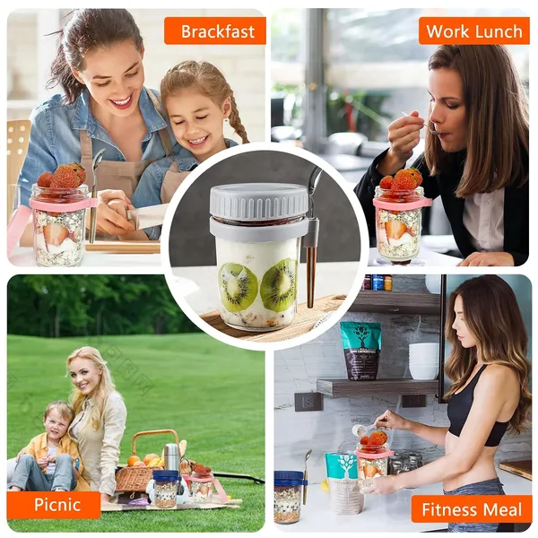 Overnight_Oats_Container_Yogurt_Oatmeal_Glass_Canning_With_Lids_And_Spoon_10_Oz_Cereals_Milk_Fruit_Salad_With_Measurement_Marks_Grey