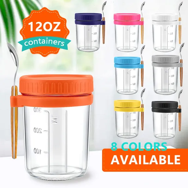 Overnight_Oats_Container_Yogurt_Oatmeal_Glass_Canning_With_Lids_And_Spoon_10_Oz_Cereals_Milk_Fruit_Salad_With_Measurement_Marks_Grey