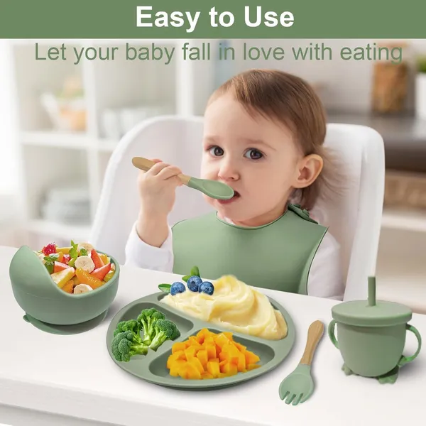 Baby_Feeding_Set_With_Suction_Bowl_Divided_Plate_Spoons_Forks_Sippy_Cup_Self_Feeding_Supplies_Green