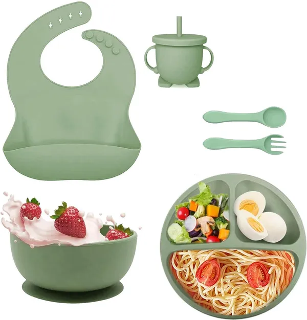 Baby_Feeding_Set_With_Suction_Bowl_Divided_Plate_Spoons_Forks_Sippy_Cup_Self_Feeding_Supplies_Green
