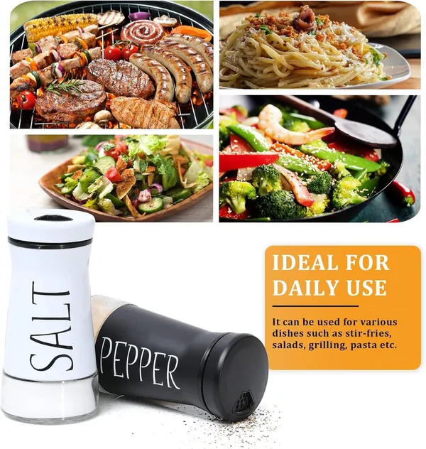 2_Pcs_Stainless_Steel_Salt_And_Pepper_Shaker_Set_4_Adjustable_Pouring_Holes_For_Kitchen_Cooking_Table_Black_White