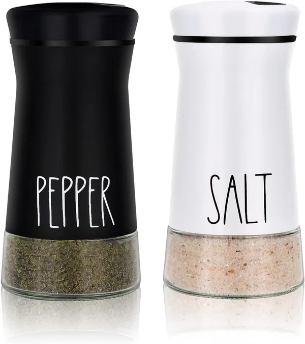 2_Pcs_Stainless_Steel_Salt_And_Pepper_Shaker_Set_4_Adjustable_Pouring_Holes_For_Kitchen_Cooking_Table_Black_White