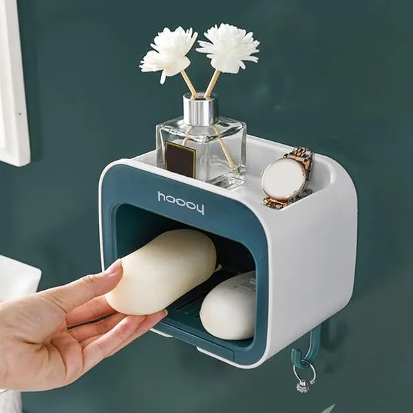 No_Drill_Wall_Soap_Dish_With_Hooks_Waterproof_Bathroom_Organizer_Shelf_With_Drainage_Strong_Adhesive_Sleek_Compact_Design_Grey