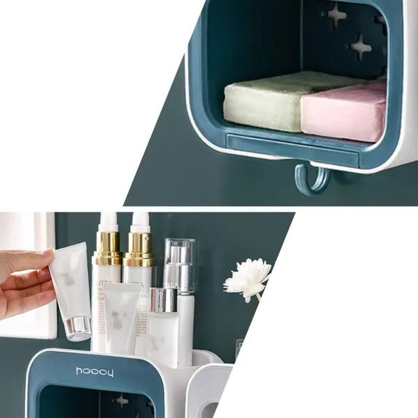 No_Drill_Wall_Soap_Dish_With_Hooks_Waterproof_Bathroom_Organizer_Shelf_With_Drainage_Strong_Adhesive_Sleek_Compact_Design_Grey